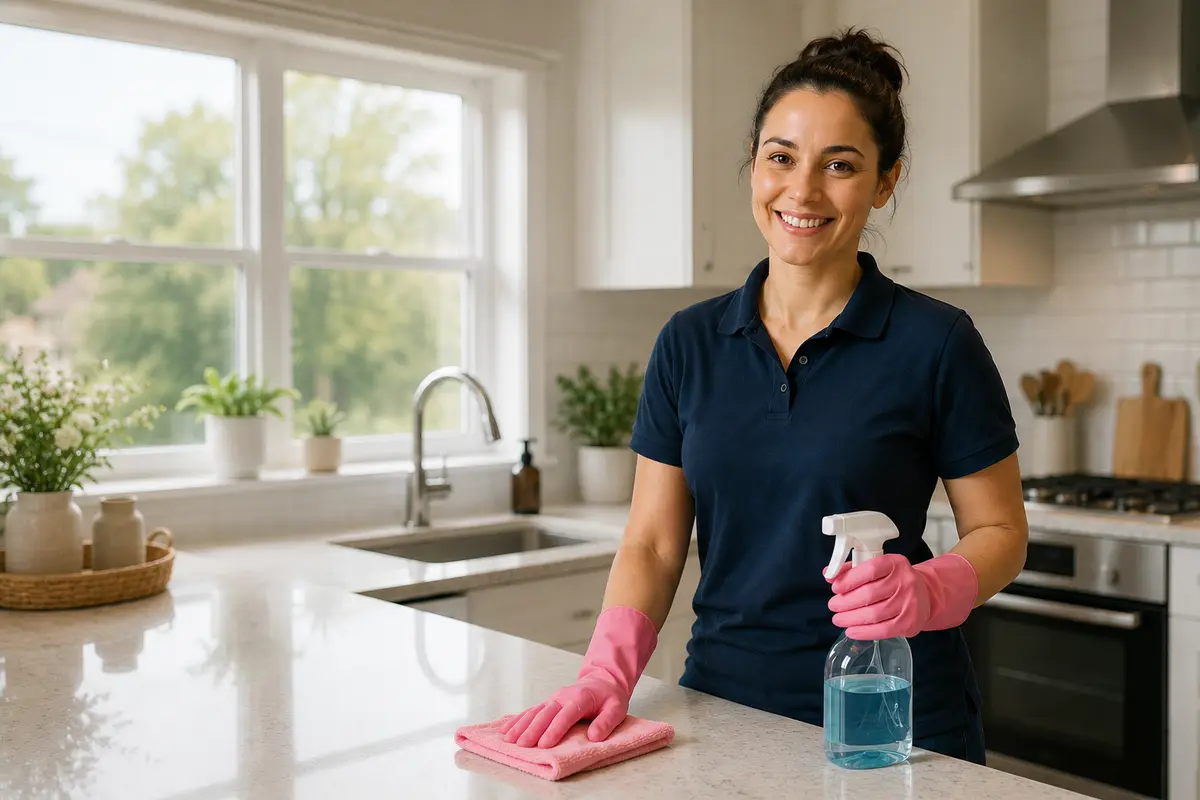 Juliete Cleaning professional cleaner in a bright modern kitchen