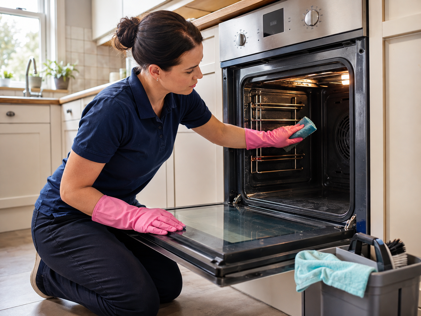 Juliete providing professional oven cleaning